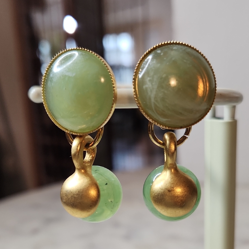 18KGold Plated | Green Chalcedony | Clip-On Earrings | Made n Italy